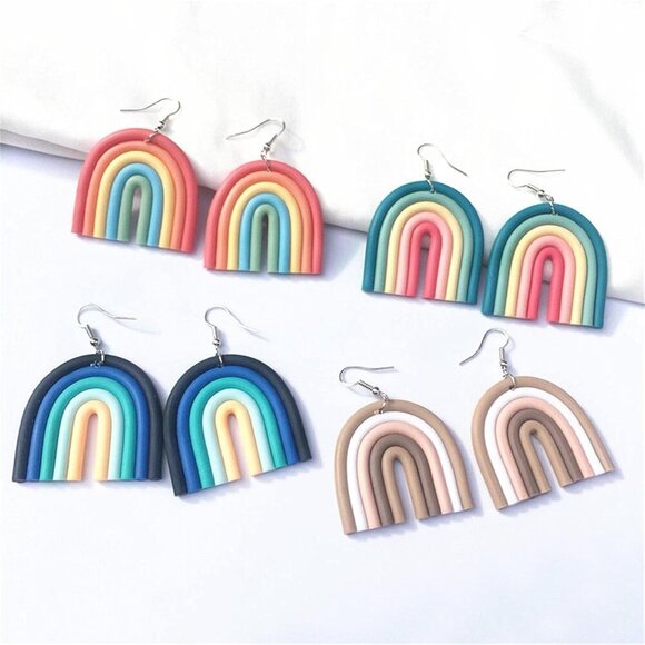 4 Pairs Handmade Rainbow Ceramic Clay Dangle Earrings Set Bohemian Colorful Cand - Picture 2 of 2